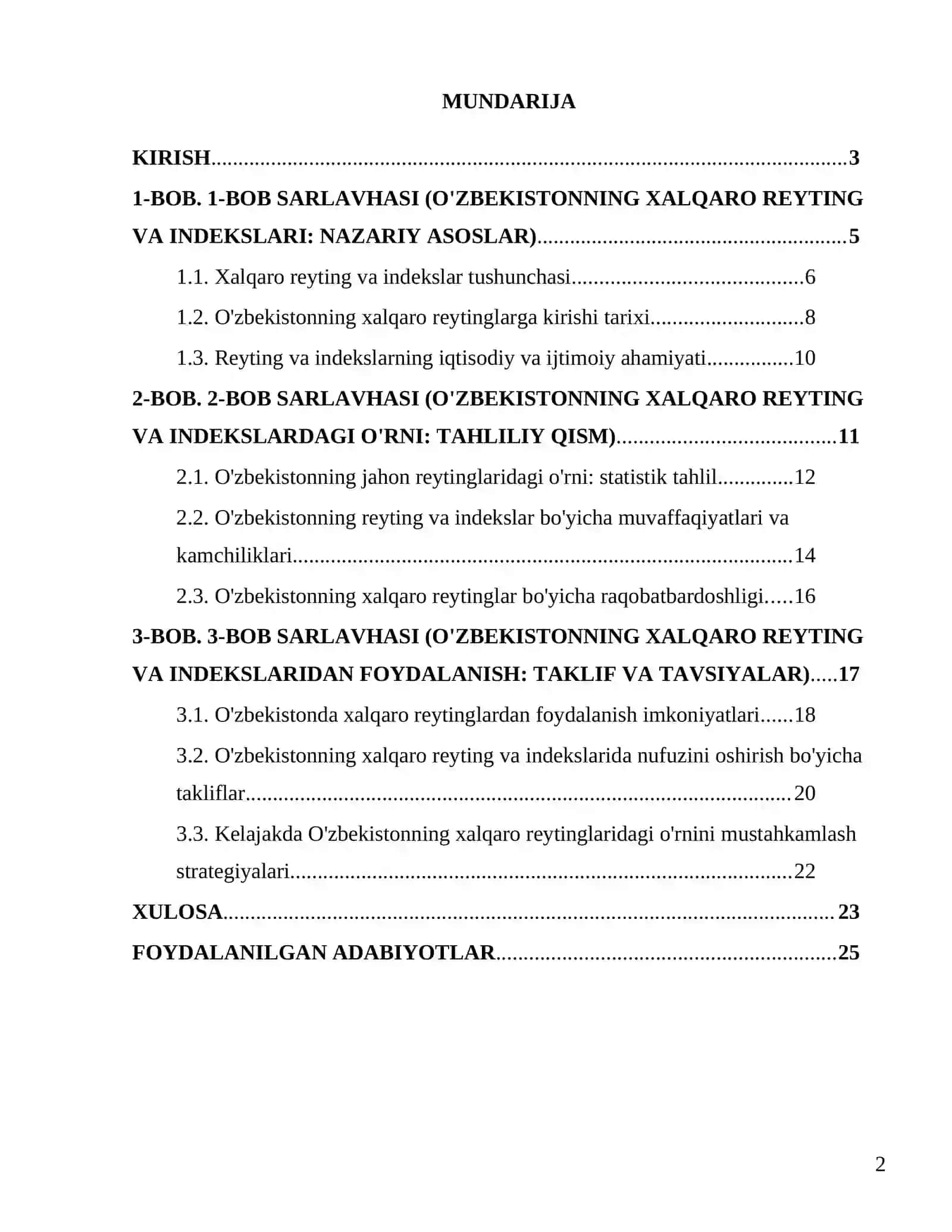 KURS ISHI "O'zbekiston Respublikasining xalqaro reyting va indekslardagi o'rni va nufuzining ortib borishi." 2