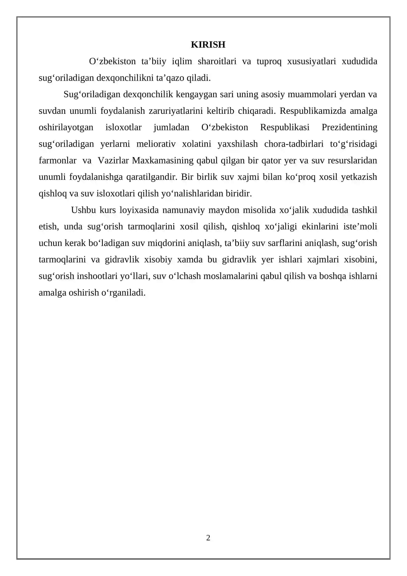 Xo’jalik ichki sug’orish tarmoqlarini loyihalash 2