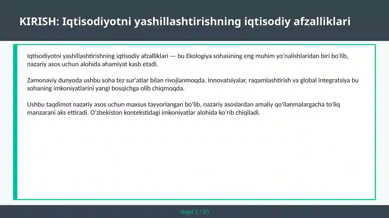 IQTISODIYOTNI YASHILLASHTIRISHNING IQTISODIY AFZALLIKLARI 2