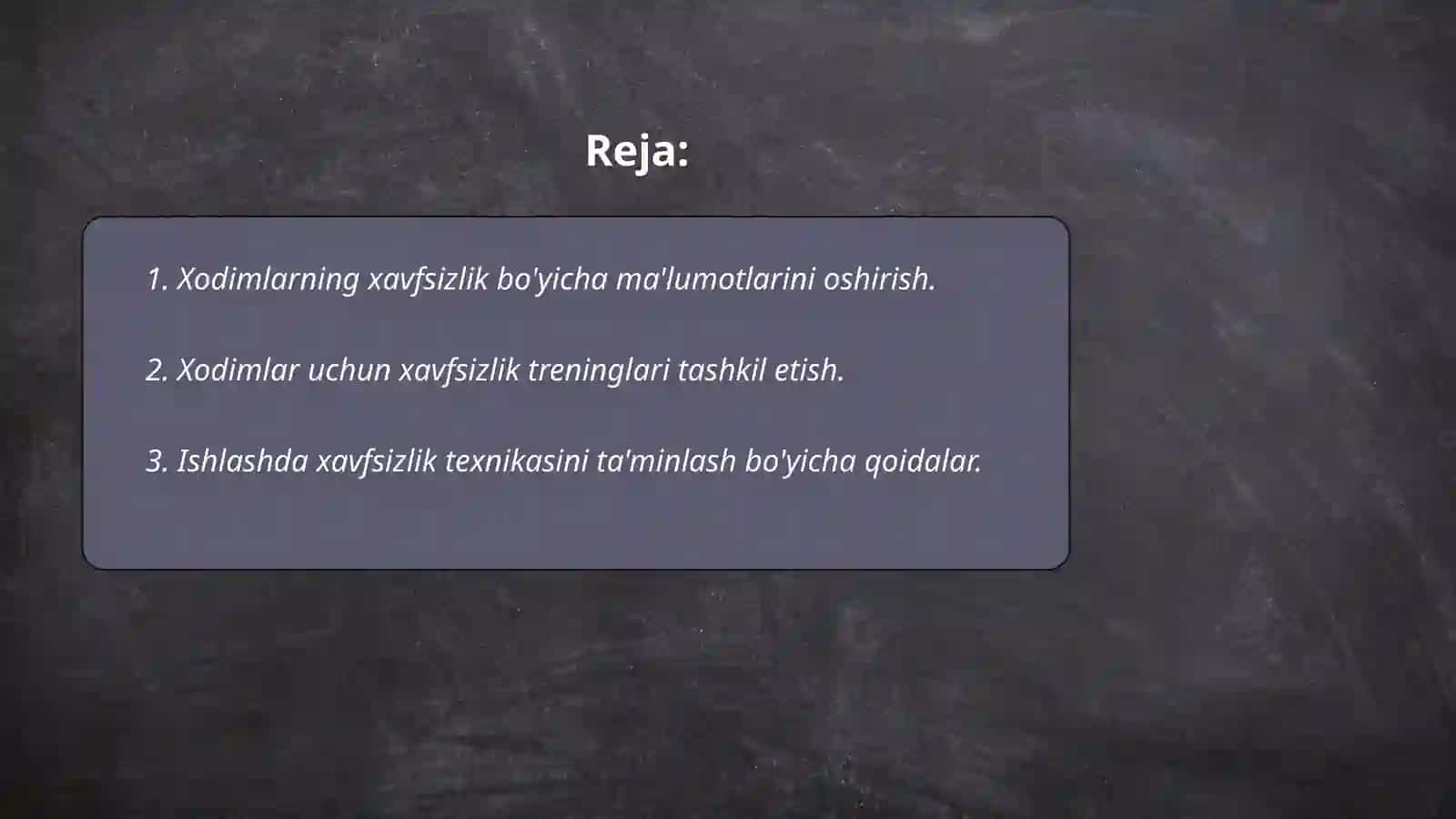 Xodimlarning xavfsiz faoliyatini tashkil qilish chora-tadbirlari 2