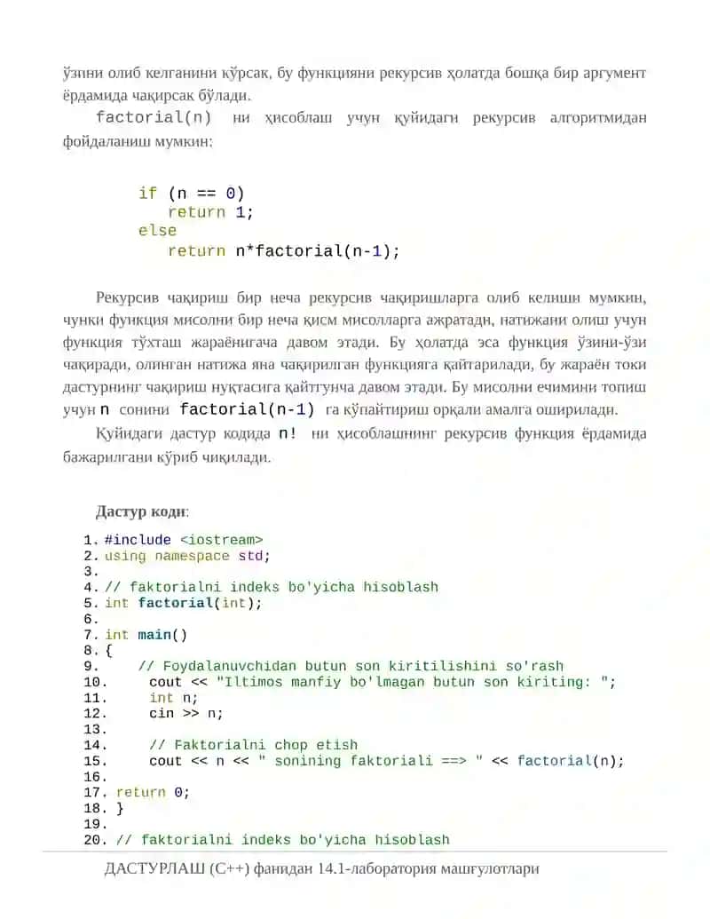 рекурсив функциялардан фойдаланиб оддий дастурлар тузиш. 2