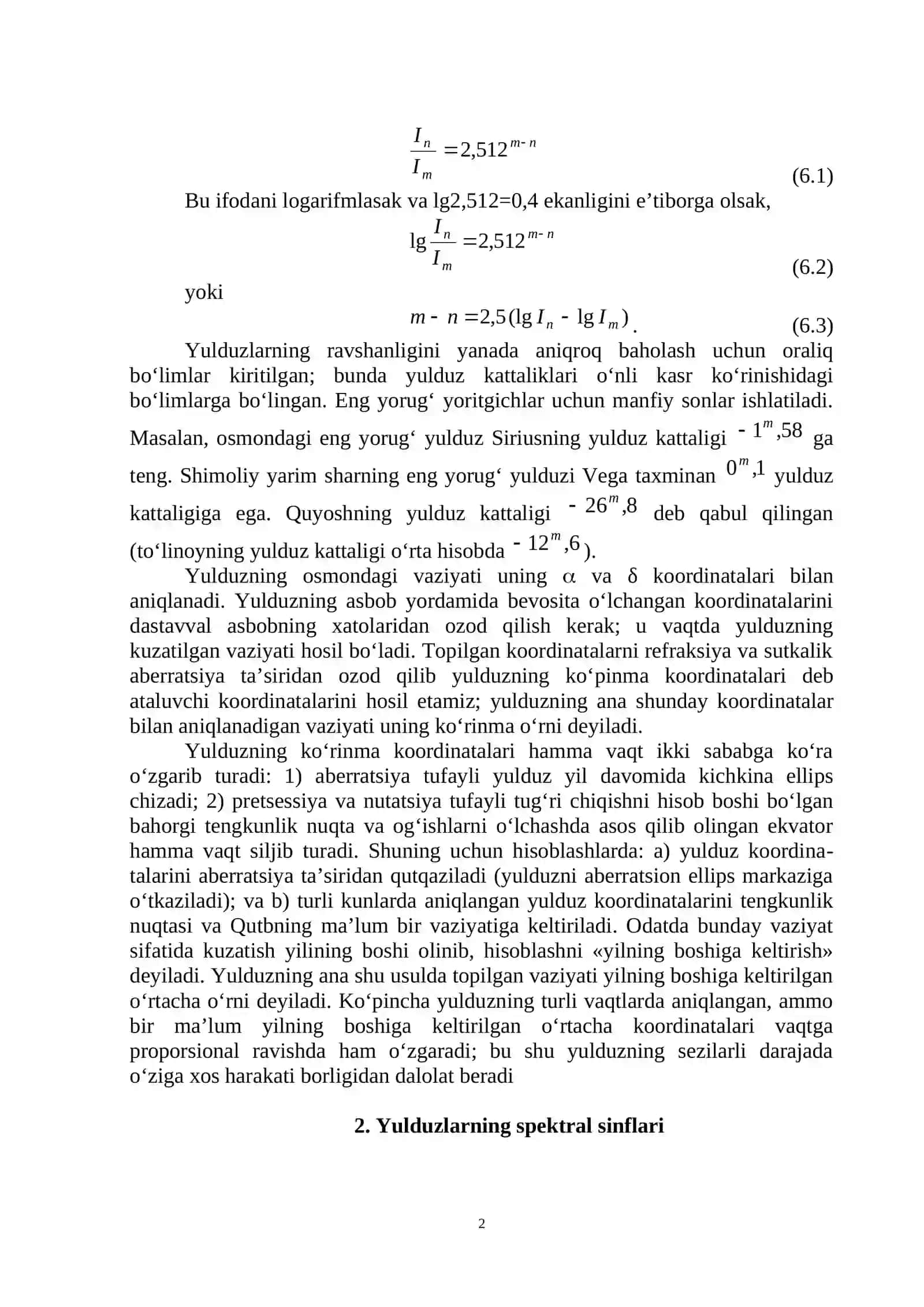 Normal Statisonar Yulduzlar:Fizik Xarakteristikalari, Spektral Sinflari va GR Diagrammasi 2