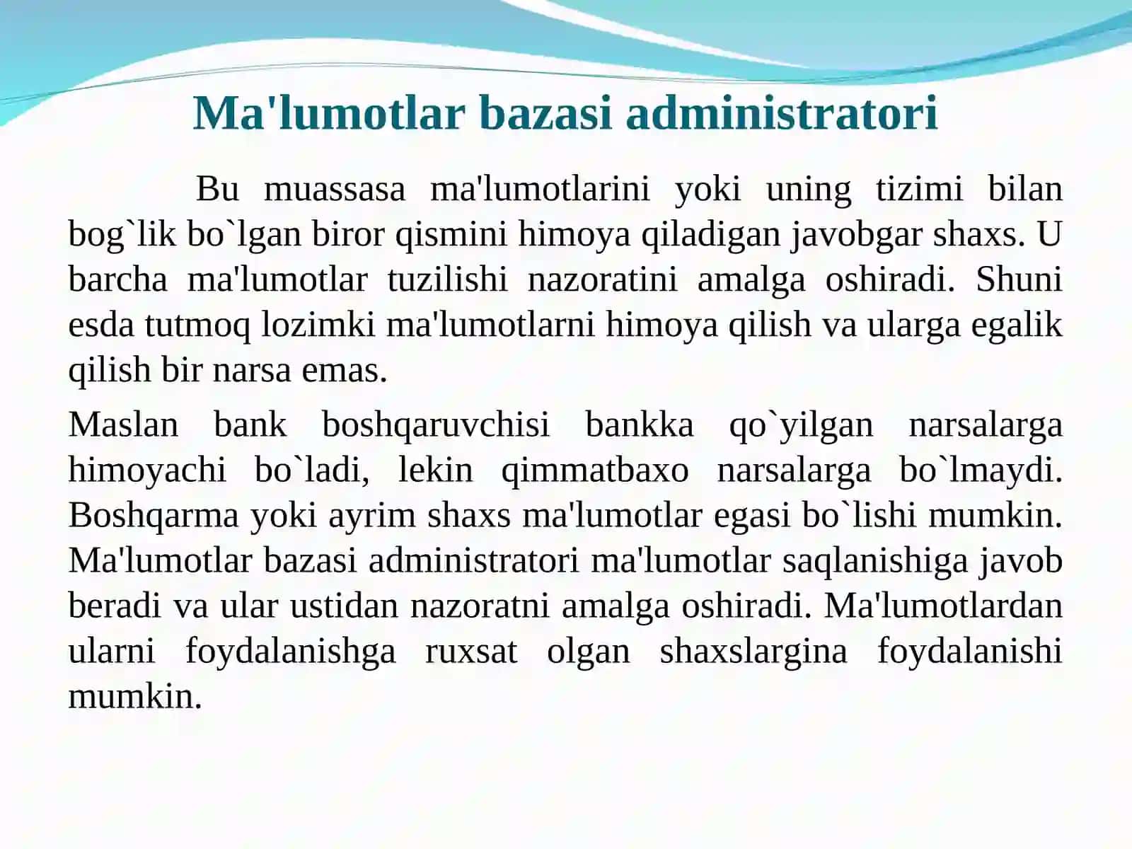 Ma`lumotlar bazasini administratorlash va xavfsizligini ta`minlash 2