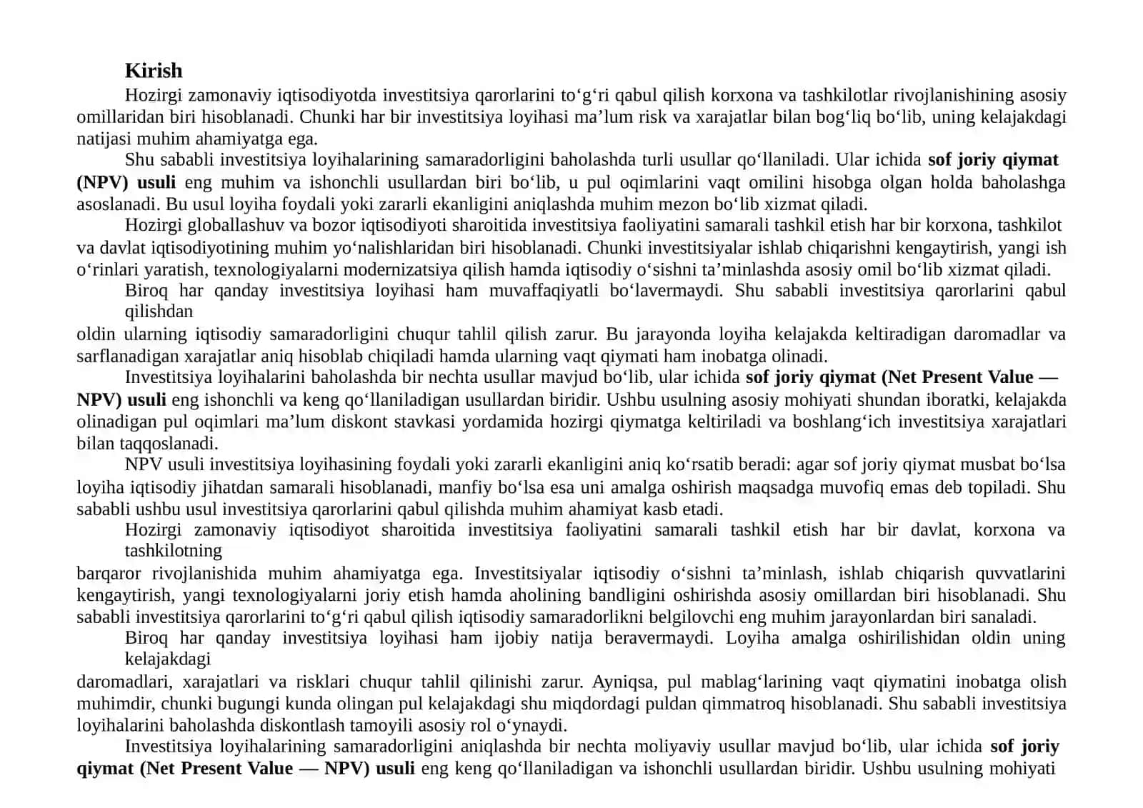 Sofjoriy qiymat (NPV) usuli 2