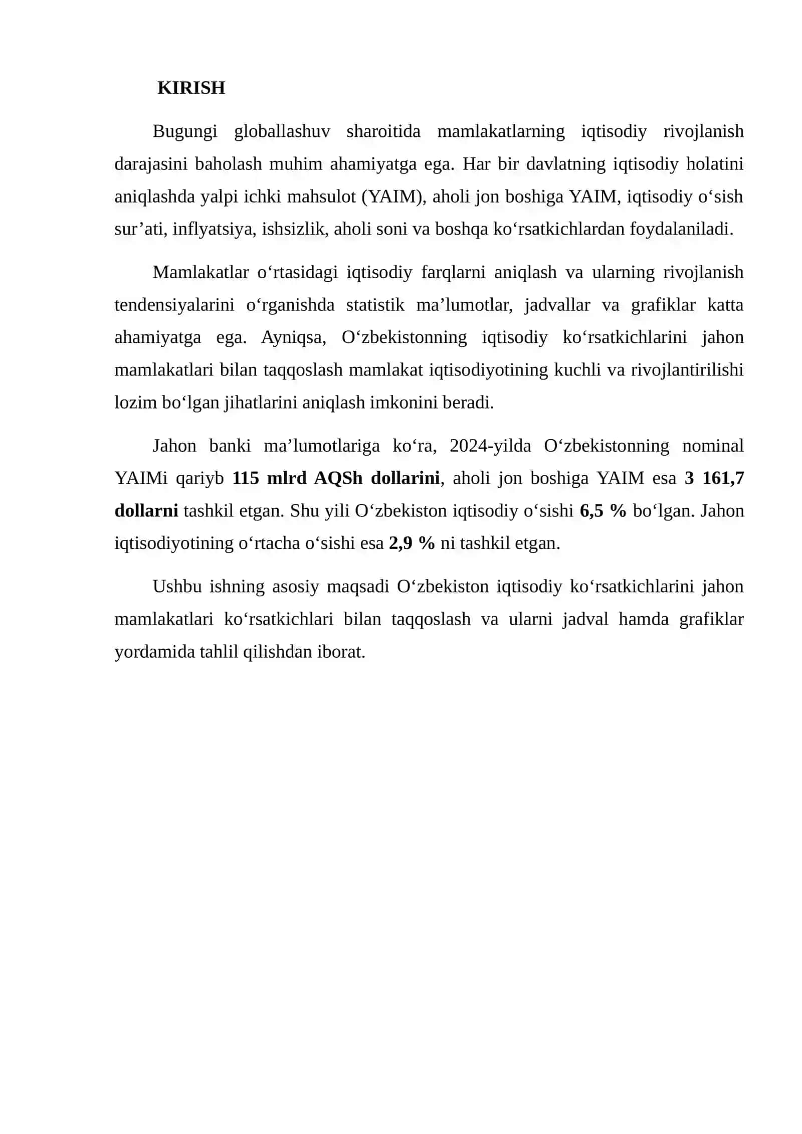 O‘ZBEKISTON VA JAHON MAMLAKATLARIDA IQTISODIY KO‘RSATKICHLARNI JADVAL VA GRAFIKLAR ASOSIDA TAHLIL QILISH 2