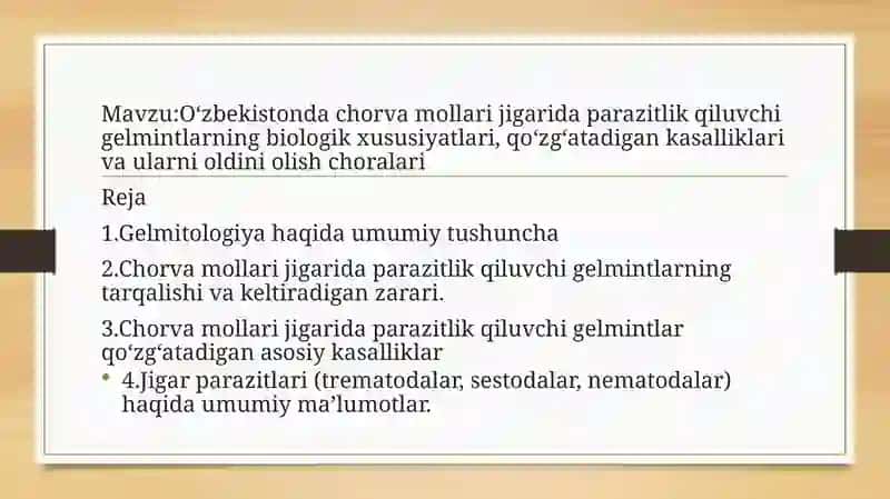 O‘zbekistondachorva mollari jigarida parazitlik qiluvchigelmintlarningbiologikxususiyatlari, qo‘zg‘atadigan kasalliklari va ularni oldini olish choralari 2