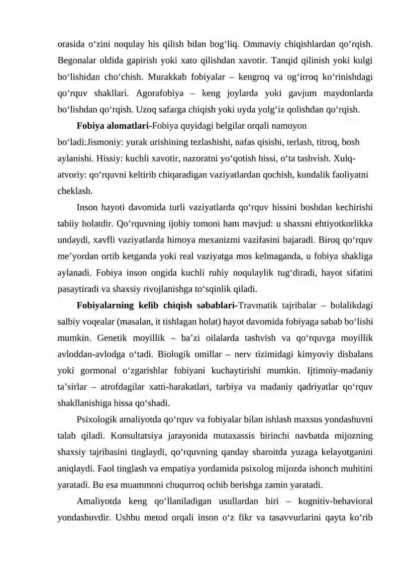 QOʻRQUV VA FOBIYALARNI KONSULTATSIYA QILISH. 2