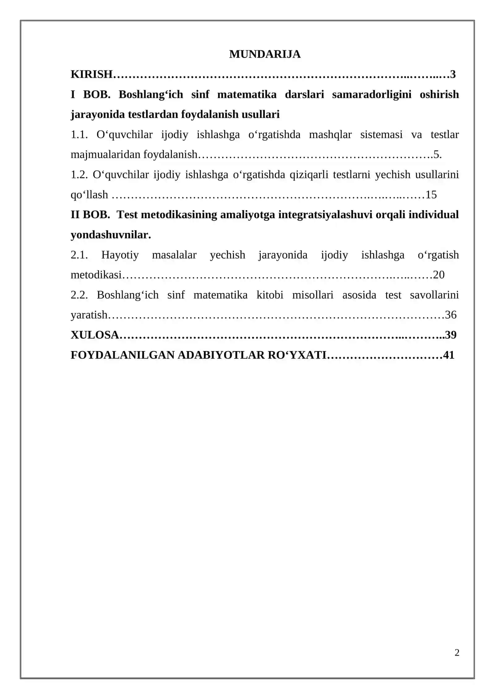 Boshlang’ich sinf matematika darslari samaradorligini testlar orqali rivojlantirish (1-2-sinf misolida) 2