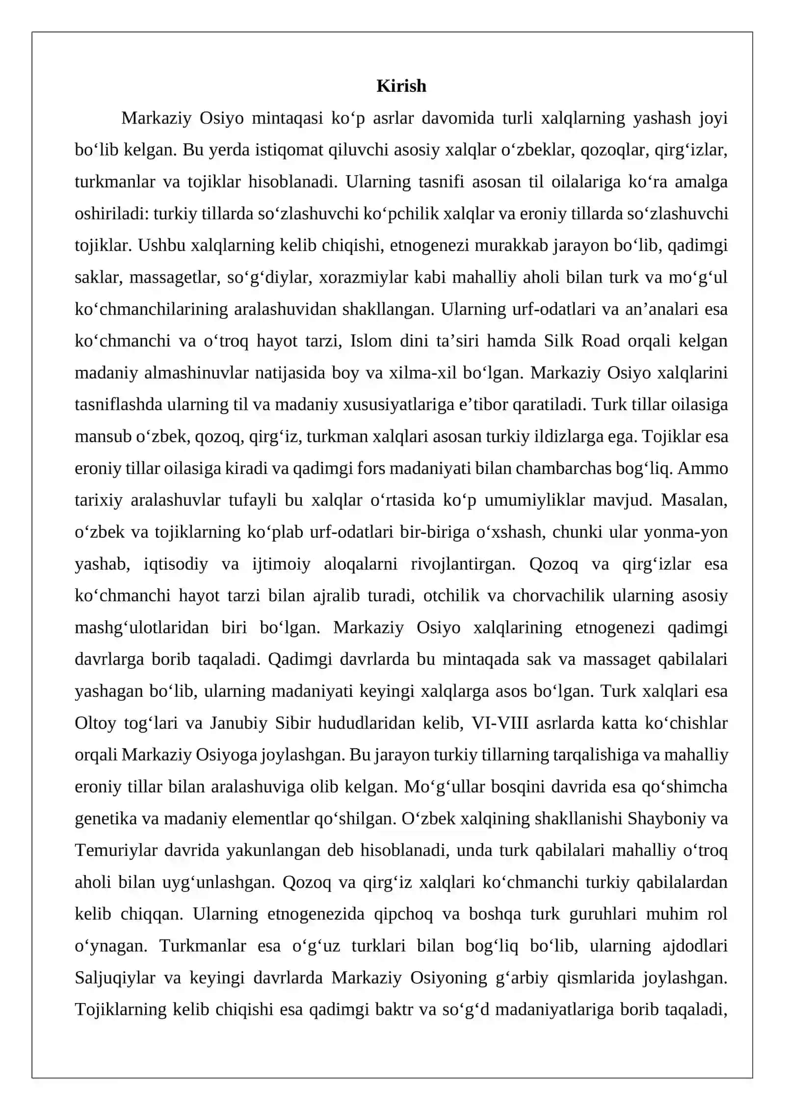 Markaziy Osiyoda istiqomat qilayotgan xalqlar tasnifi, ularning kelib chiqishi 2