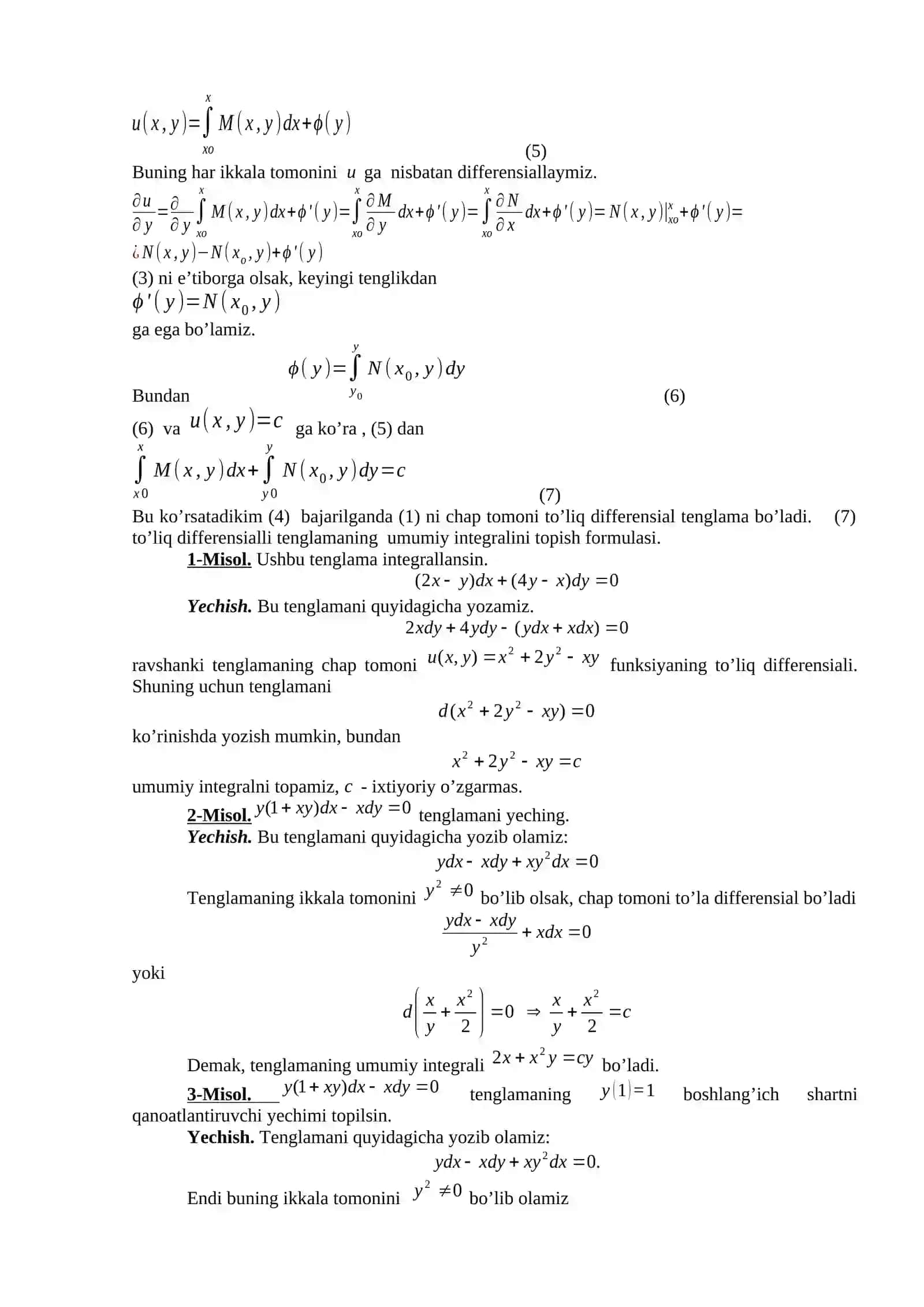 To’liq differensial tenglama. Integrallovchi ko’paytuvchi 2