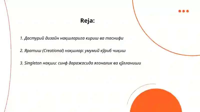 Дастурий дизайн накшлари (design patterns) ва уларнинг кулланиши 2