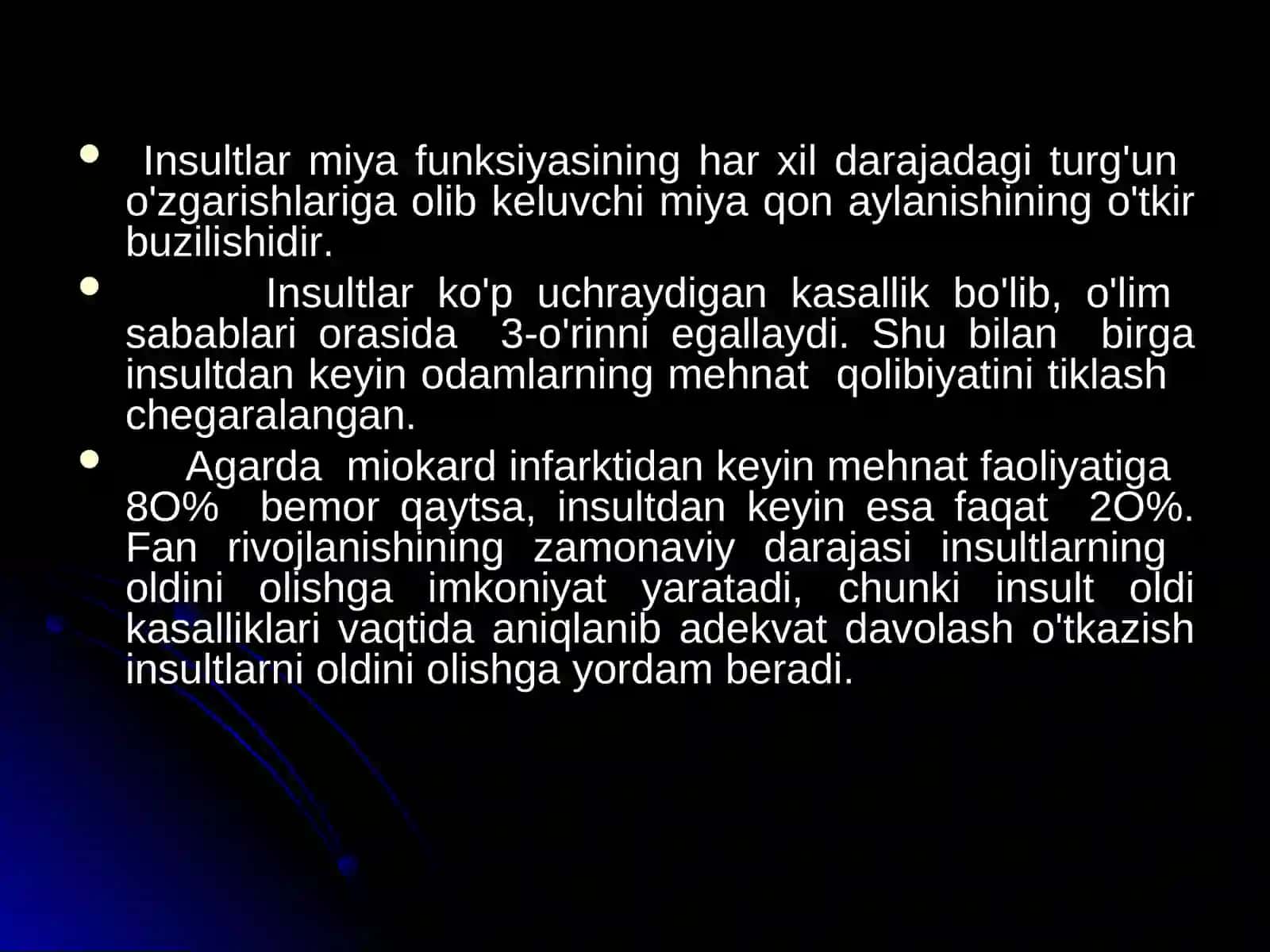 BOSH MIYADA QON  AYLANISHINING O'TKIR BUZILISHI ISHEMIK  VA GEMORRAGIK  INSULTLAR ETIOLOGIYASI, PATOGENEZI, KLINIK BELGILARI, KECHISHI, DIAGNOSTIKASI, DAVOLASH USULLARI VA PROFILAKTIKASI 2