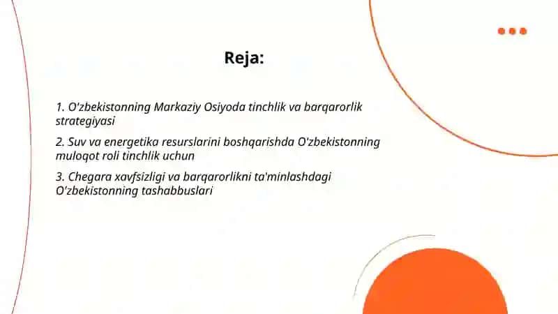 O'zbekiston Markaziy Osiyoda tinchlik va barqarorlikni taminlashdagi o'rni 2