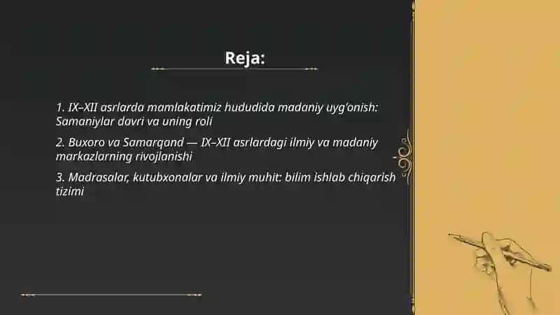 IX-XII asrlarda mamlakatimiz hududida roy bergan madaniy uygonish (renessans) 2