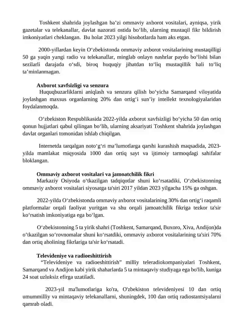 O'zbekiston Respublikasida ommaviy axborot vositalarining faoliyati 2