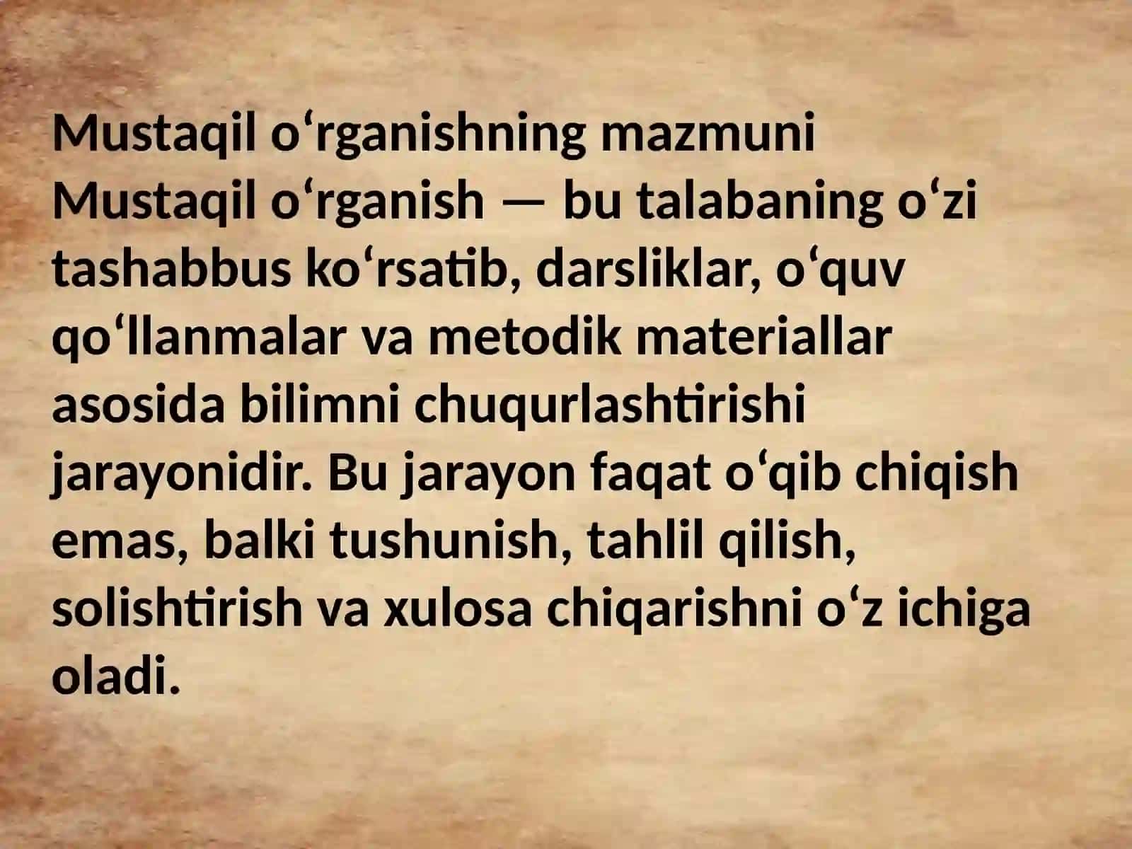 Mustaqil ravishida mavzuga oid darslik, o‘quv va metodik qo‘llanmalarni o‘rganish va tahlil qilish. 2