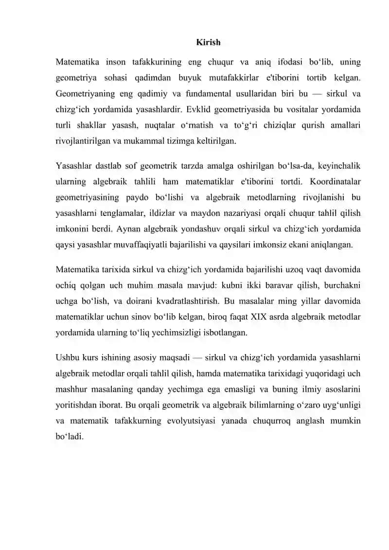 Sirkul va chizgʻich yordamida yasashlarning algebraik metodi.Matematika tarixidagi uch qiziqarli masala. 2