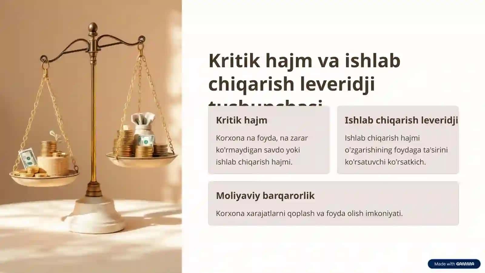 Mahsulot kritik hajmi va ishlab chiqarish leveridji tahlili PPT | Iqtisodiy tahlil prezentatsiya 2