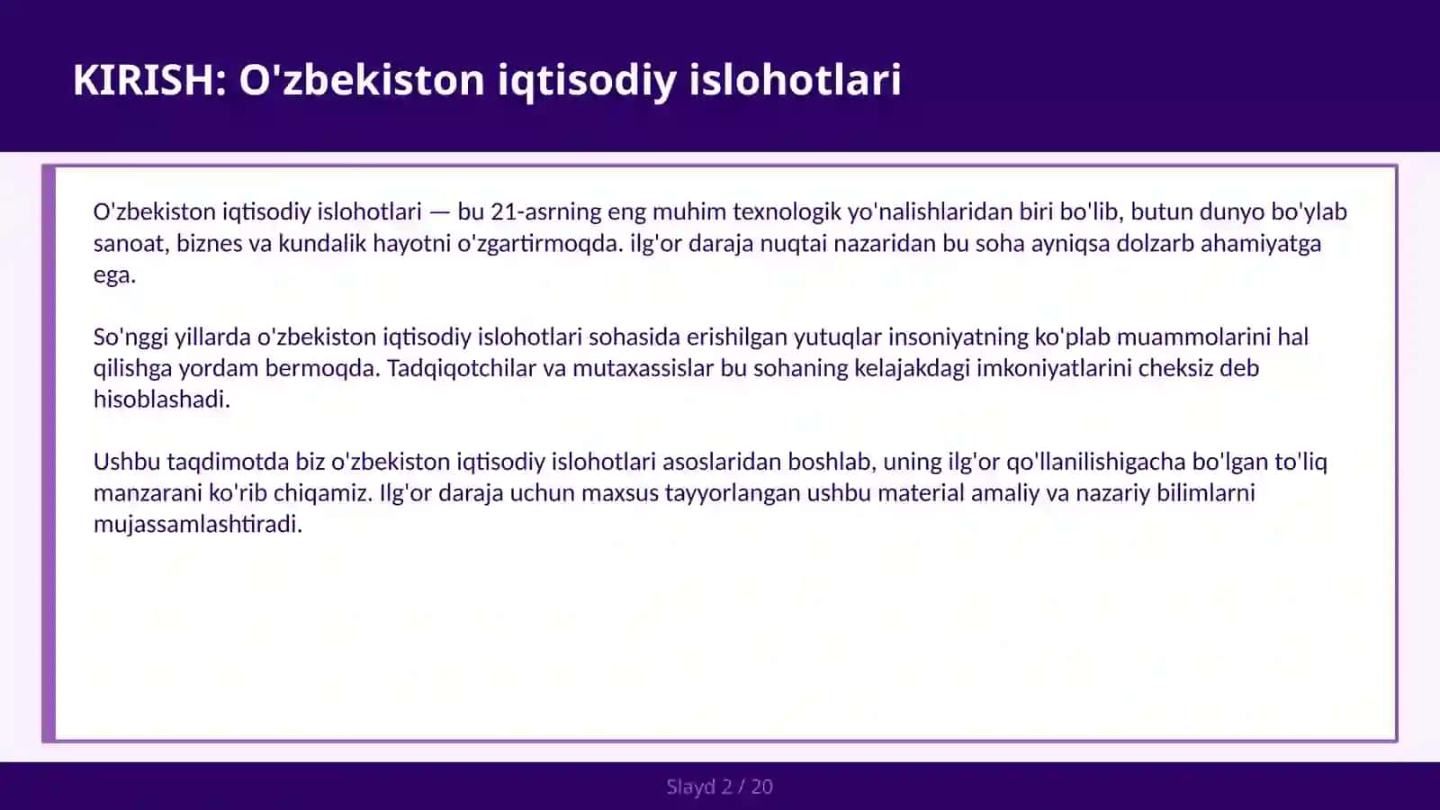 O'zbekiston Iqtisodiy Islohotlari 2