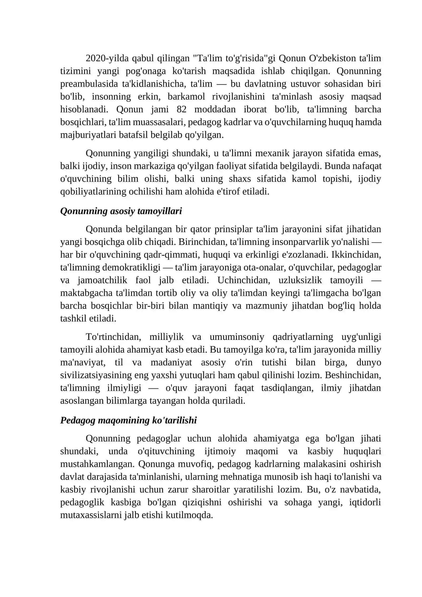 O'zbekiston Respublikasining "Ta'lim to'g'risida"gi Qonuni talablari asosida ta'lim-tarbiya jarayoni 2