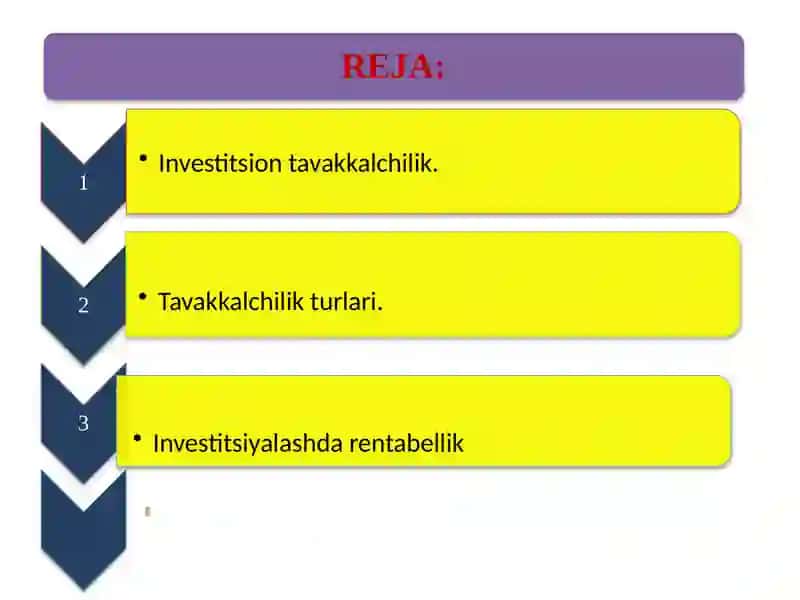 Investitsion tavakkalchilik va rebtabellik(hisoblashusullari).Investitsiylarni baholash 2