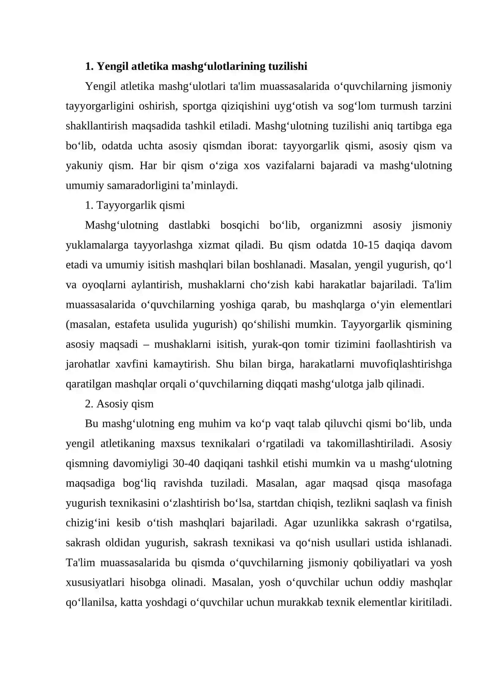 Ta'lim muassasalarida yengil atletika mashg'ulotlarining tuzilishi, mazmuni va rejalashtirish hamda yengil atletika tayyorgarlik komponentlari 2