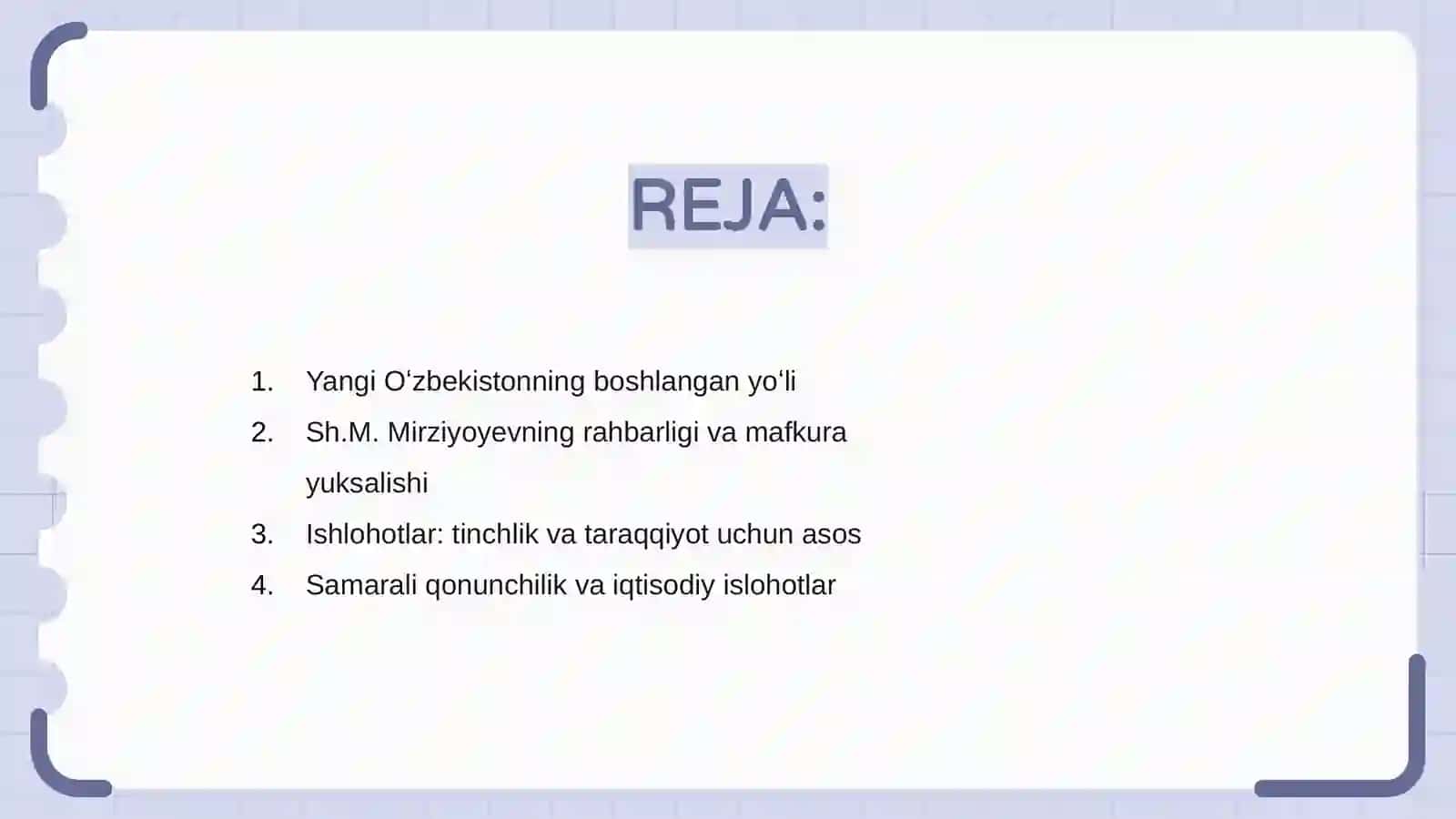 Yangi Oʻzbekiston Prezidentining Sh.M. Mirziyoyev rahbarligi va tashabbusi ostida amalga oshirilgan islohotlar 2