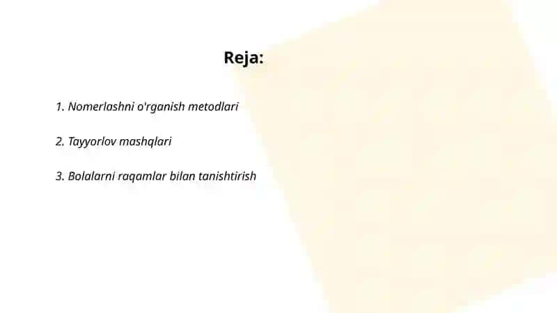 Nomerlashga oʻrgatish va tayyorgarlik 2