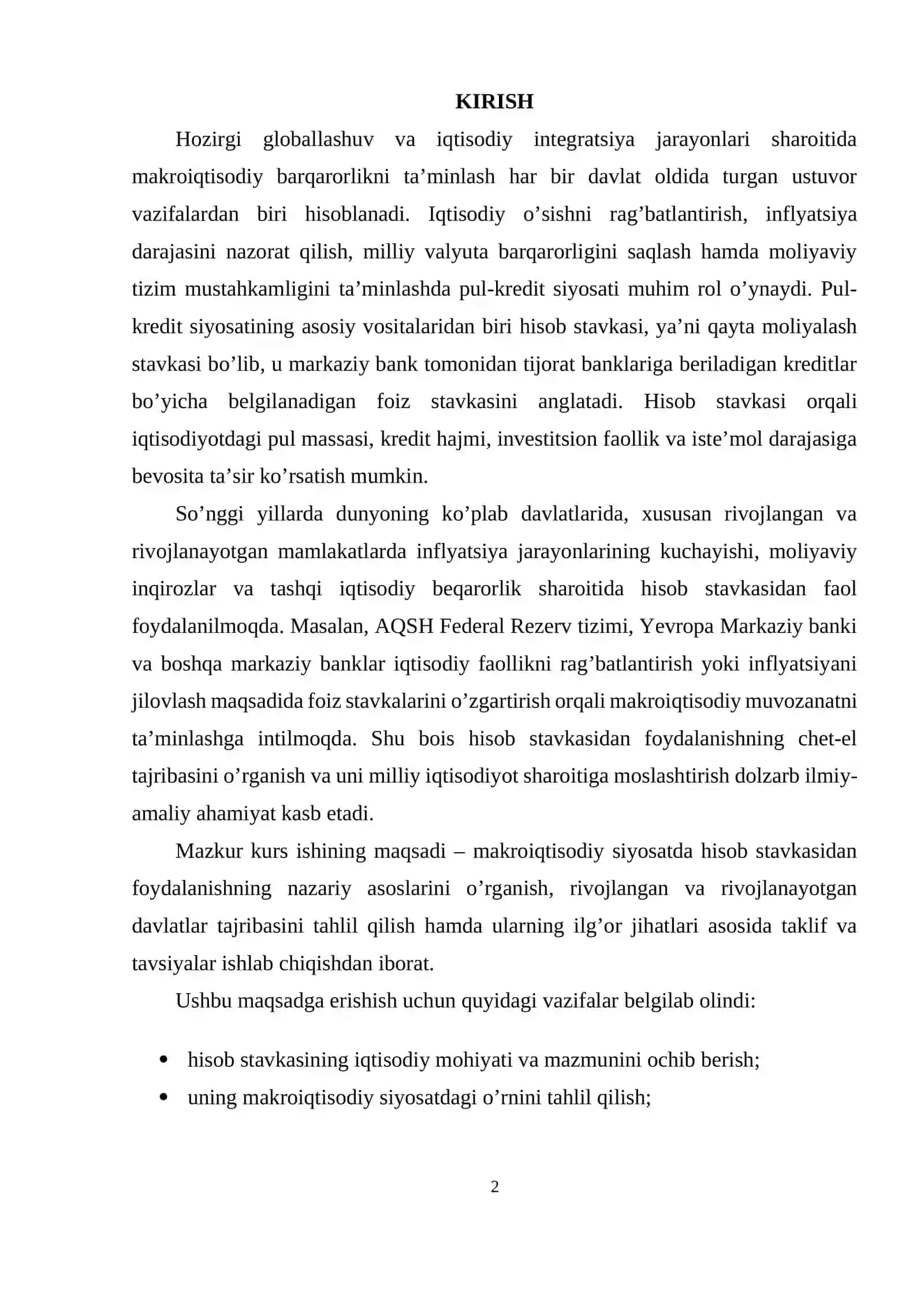 MAKROIQTISODIY SIYOSATDA HISOB STAVKASI (QAYTA MOLIYALASH STAVKASI) DAN FOYDALANISHNING CHET-EL TAJRIBASI 2