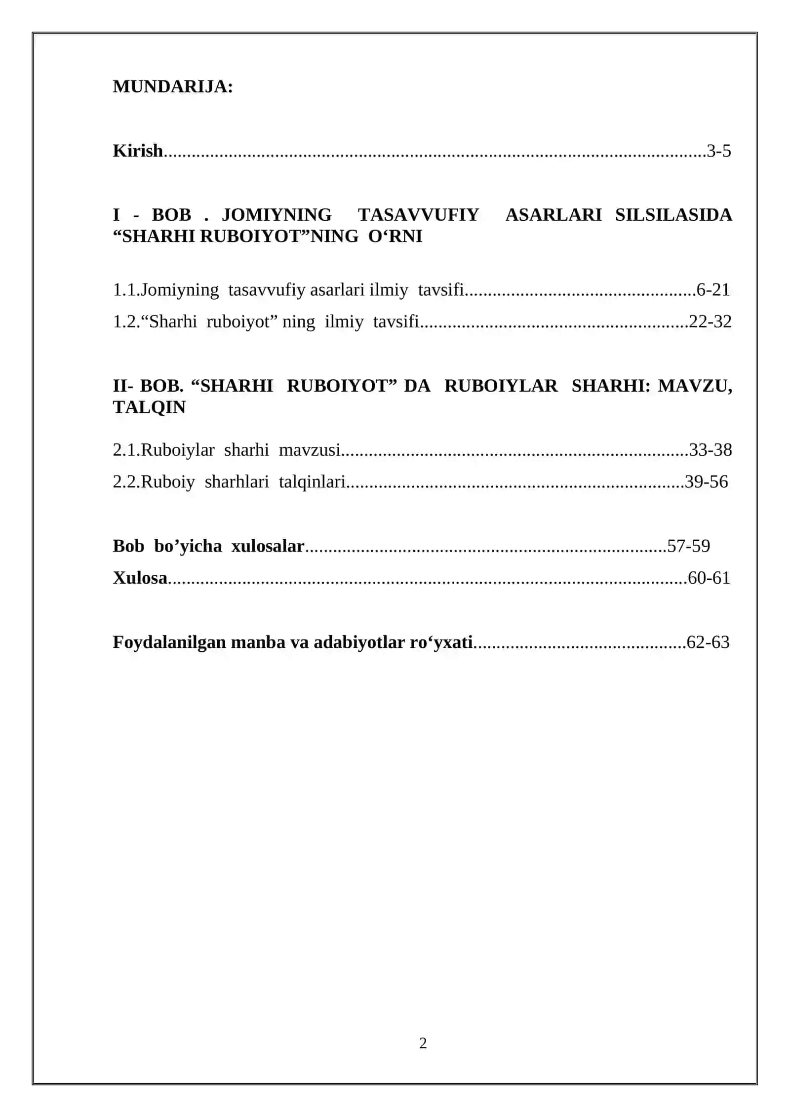 Abdurahmon Jomiyning “Sharhi ruboiyot”asarida tasavvufiy tushunchalarning yoritilishi Ushbu bitiruv malakaviy ishi Abdurahmon Jomiyning "Sharhi ruboiyot" asarida tasavvufiy tushunchalarning yoritilishini tahlil qiladi. Asarning ilmiy tavsifi va tasavvufiy asarlar silsilasidagi o'rni o'rganiladi 2