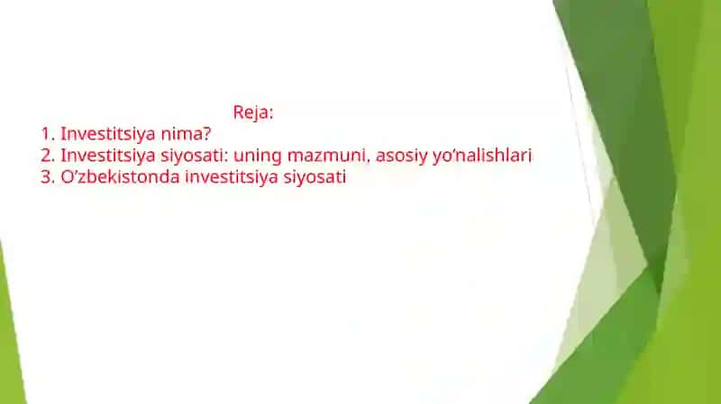 O’ZBEKISTONDA OLIB BORILAYOTGAN INVESTITSIYA SIYOSATI 2