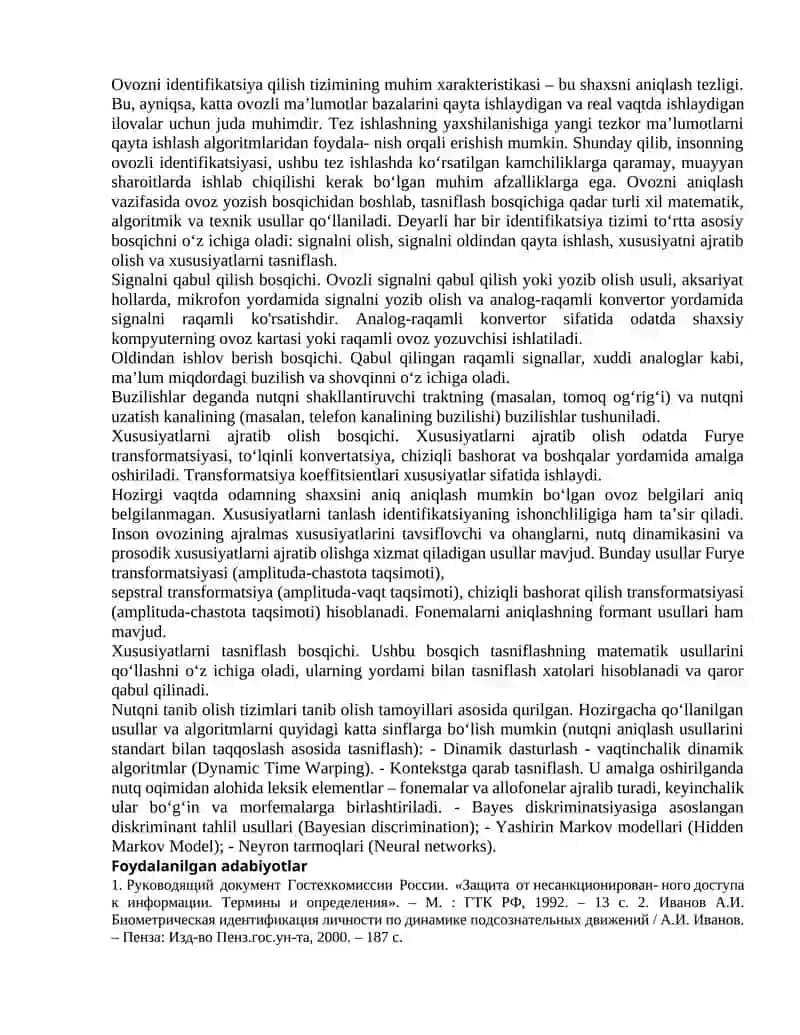Foydalanuvchilarni ovoz bo‘yicha identifikatsiyalash va autentifikatsiyalash usullarini ko‘rib chiqish 2