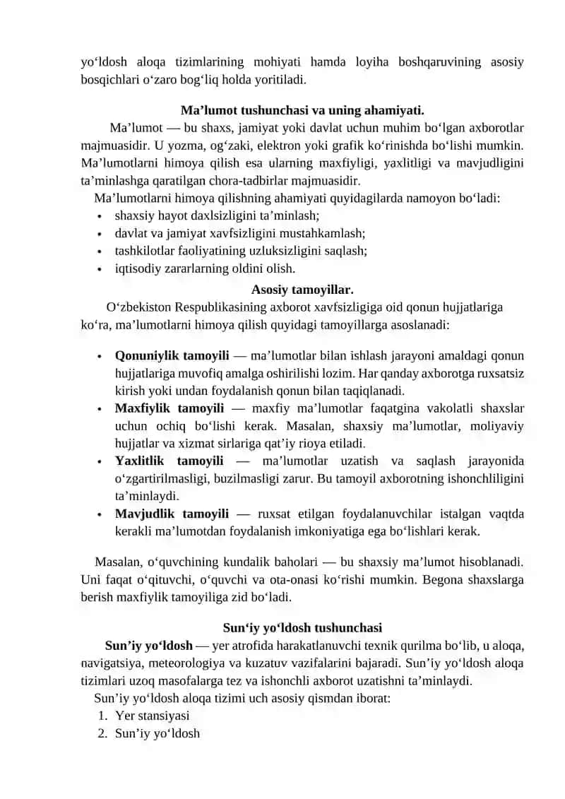 MA’LUMOTLARNI HIMOYA QILISH TAMOYILLARI, SUN’IY YO‘LDOSH ALOQA TIZIMLARI VA LOYIHA BOSHQARUVI JARAYONLARI 2