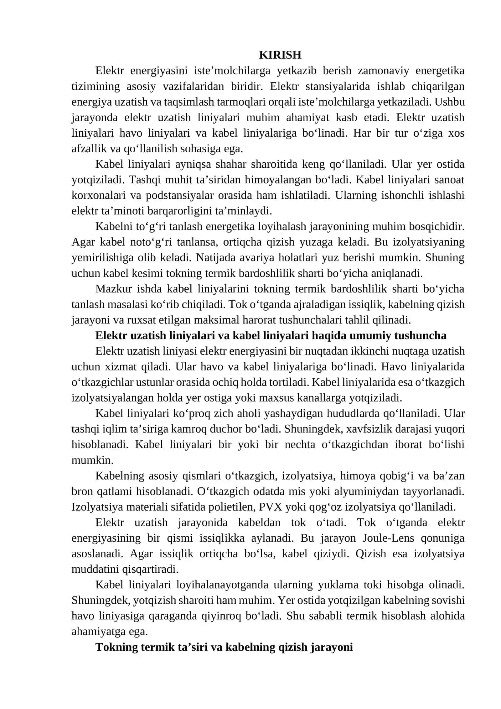 Kabel liniyalarini tokning termik bardoshlilik sharti bo‘yicha tanlash 2