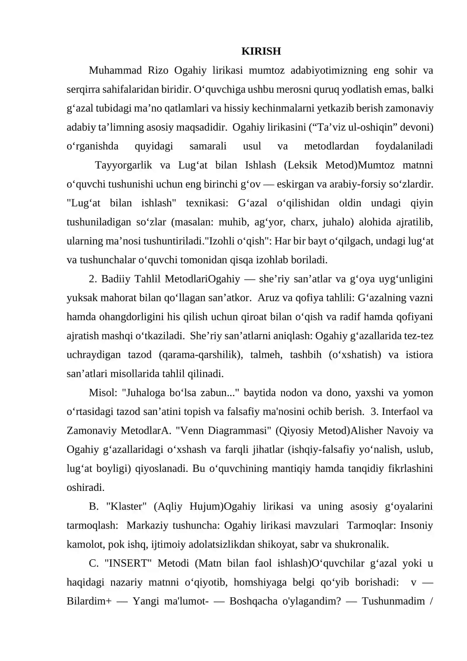 MUHAMMAD RIZO OGAHIY LIRIKASINI ADABIY TA’LIMDA O‘RGANISH YO‘LLARI VA METODLARI 2