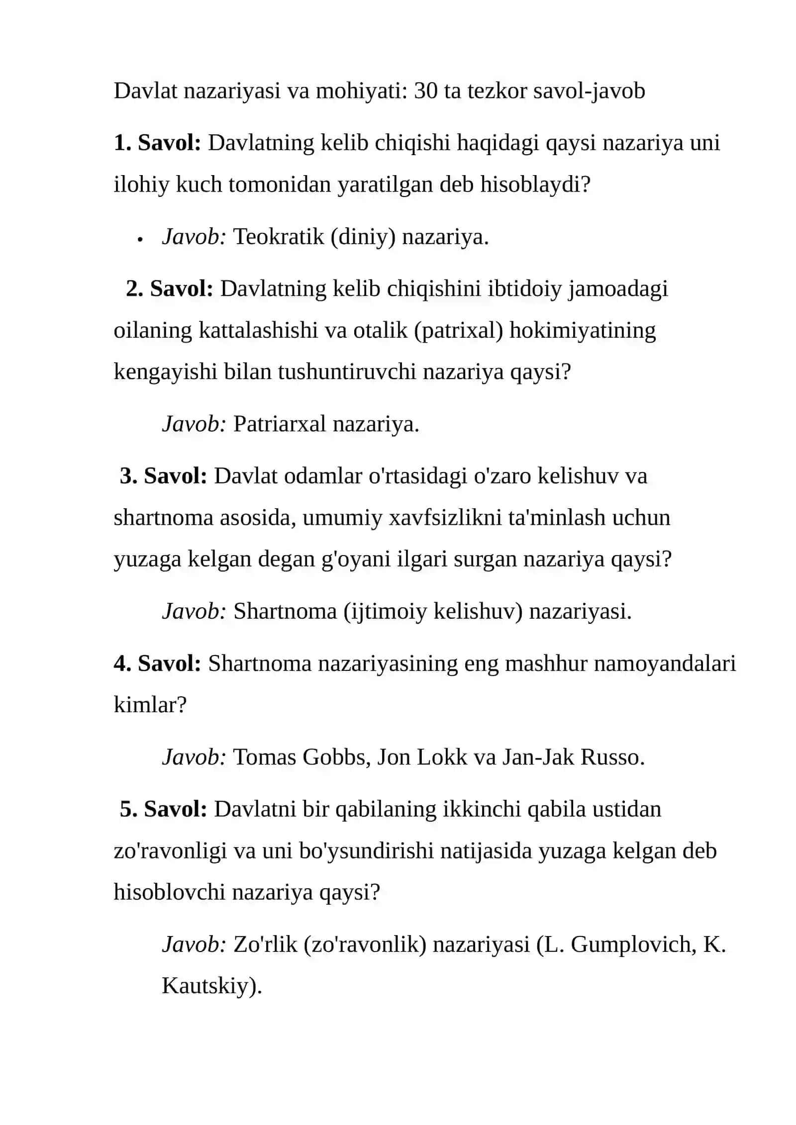 I Blok. Davlat nazariyasi va mohiyati bo‘yicha imtihonlarda eng ko‘p qo‘llaniladigan va poydevor hisoblangan 30 ta tezkor savol-javob konspekti 2