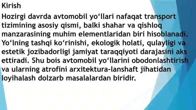 Avtomobil yo'llarini obodonlashtirish arxitektura-lanshaft loyihalash 2