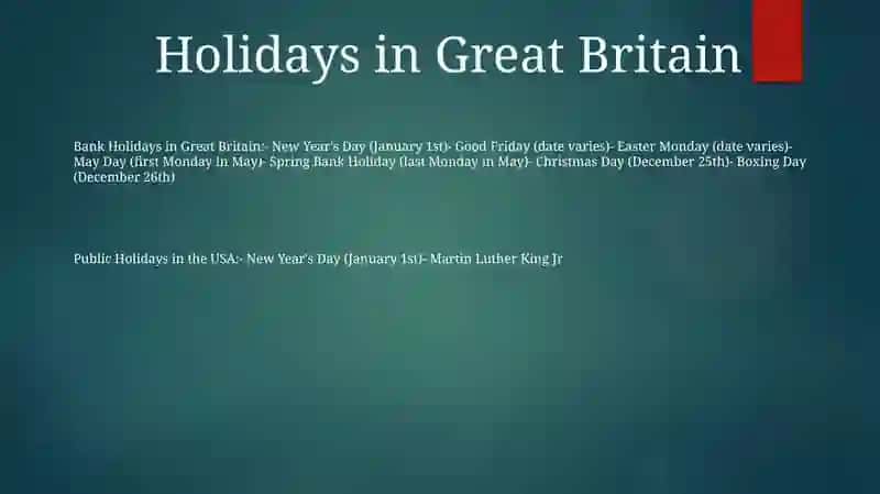 Holidays In Great Britain, Usa, Canada, Australia, New Zealand 2