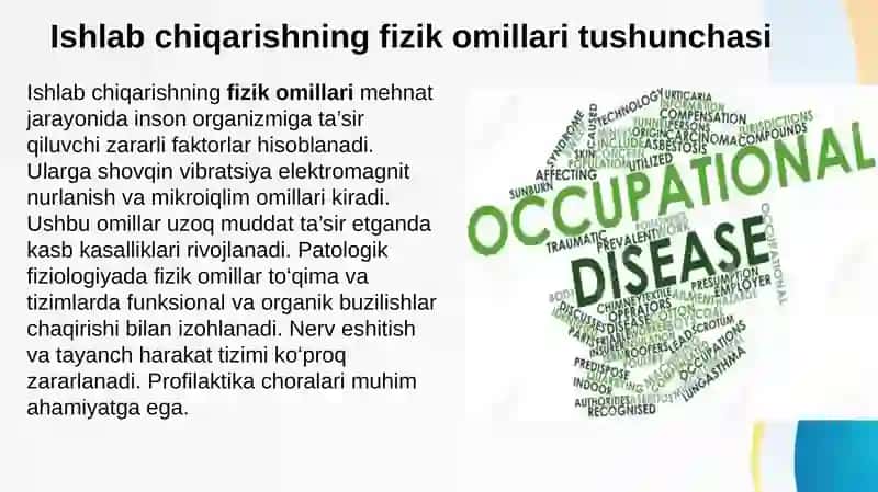 Ishlab chiqarishning fizik omillari ta’siridan rivojlanadigan kasb kasalliklari. Vibratsiya kasalligi. Kasbiy karlikning diagnostik kriteriylari 2