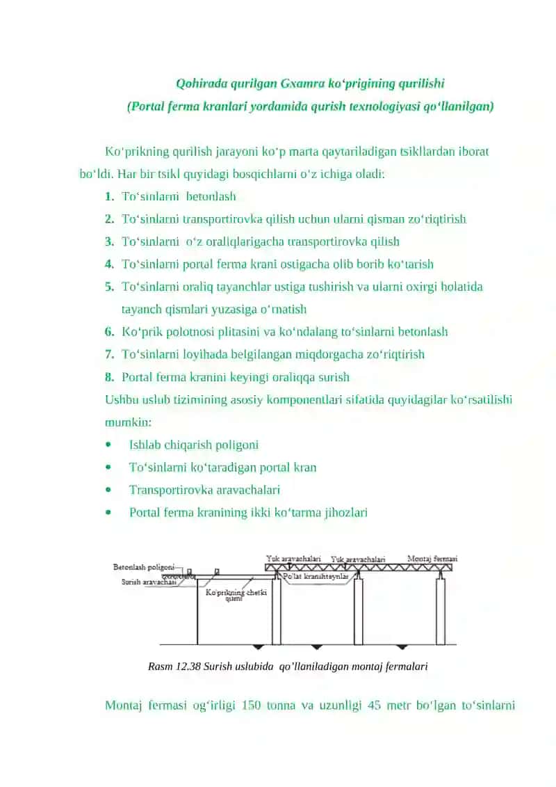Oraliq qurilmalarni portal ferma kranlari yordamida qurish uslubi (yig‘ma elementlar) 2