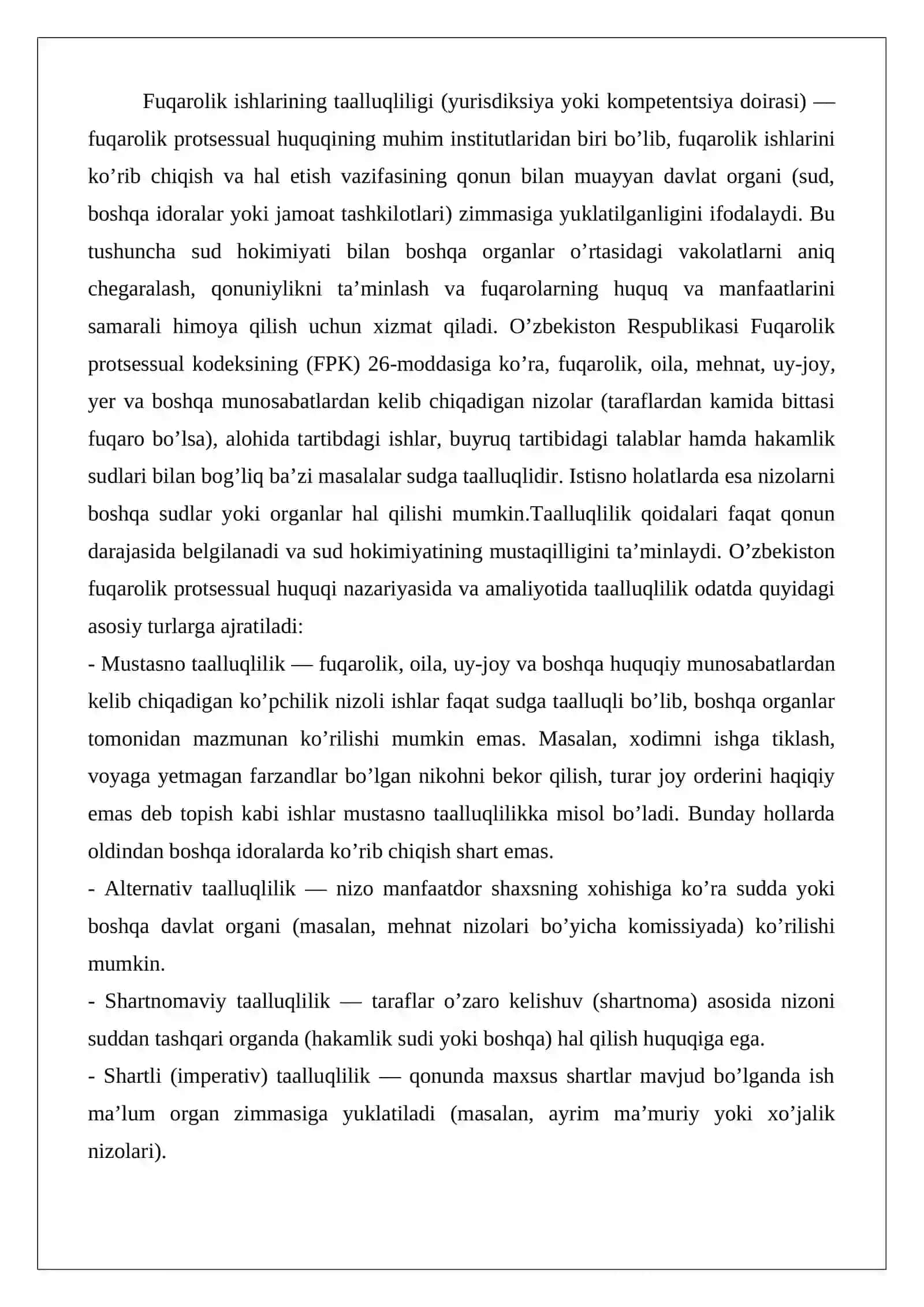 Fuqarolik ishlarining taalluqliligi tushunchasi va turlari 2