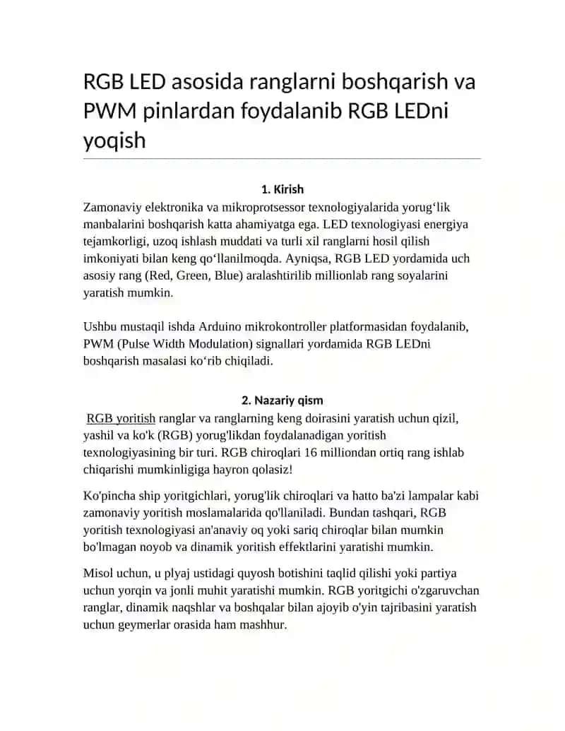 RGB LED asosida ranglarni boshqarish va PWM pinlardan foydalanib RGB LEDni yoqish 2