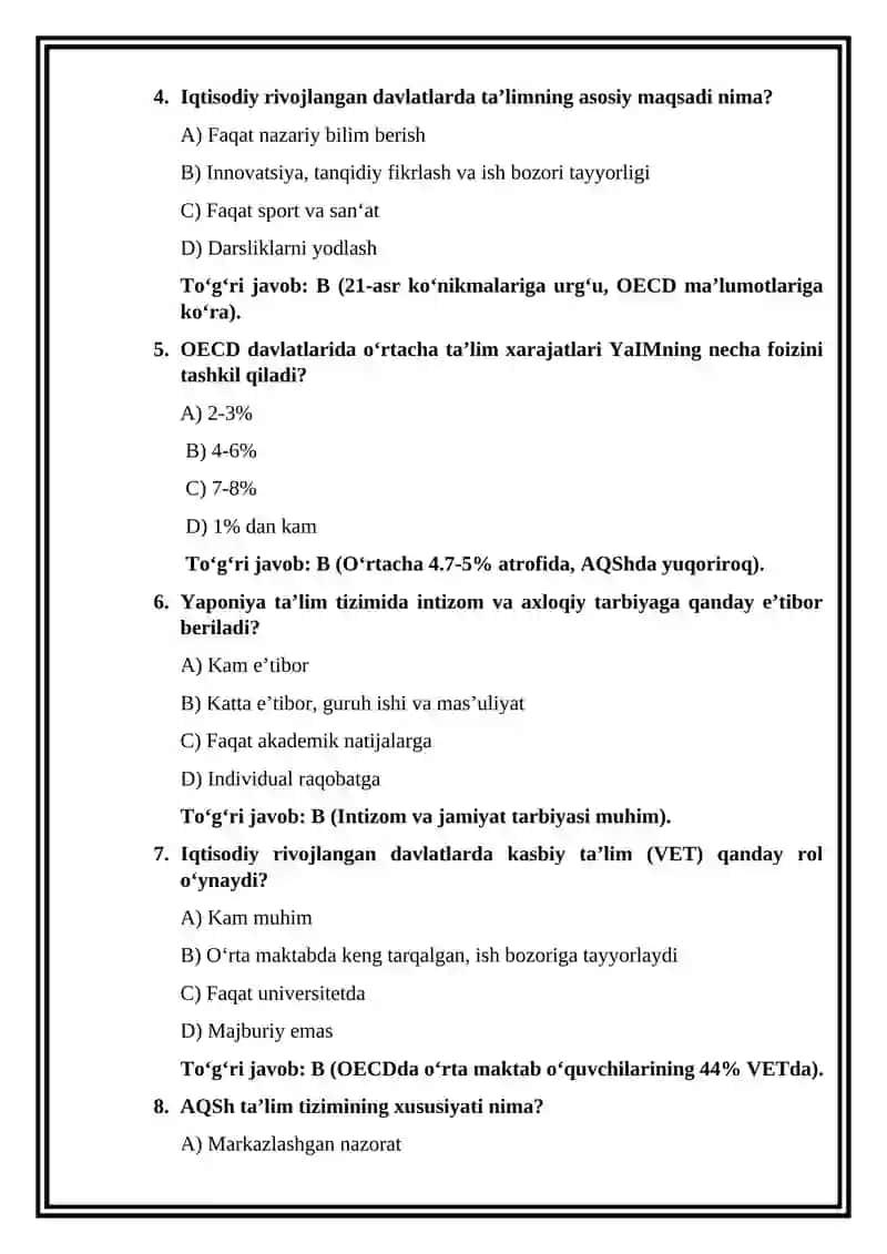 Iqtisodiy rivojlangan davlatlar ta’lim tizimi testlari 2