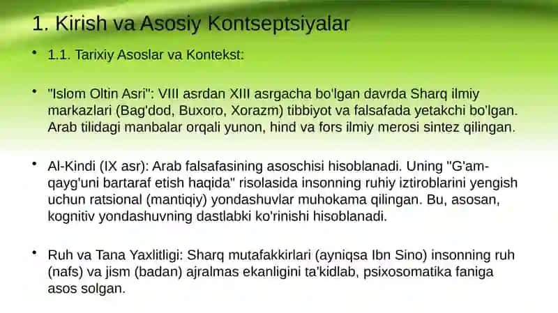 Sharq mutafakkirlarining psixologik qarashlari. Psixologik kasalliklar 2