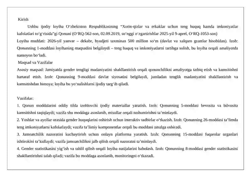 «Tenglik Ovozi – Qonun va Jamiyatda Gender Tengligi» 2