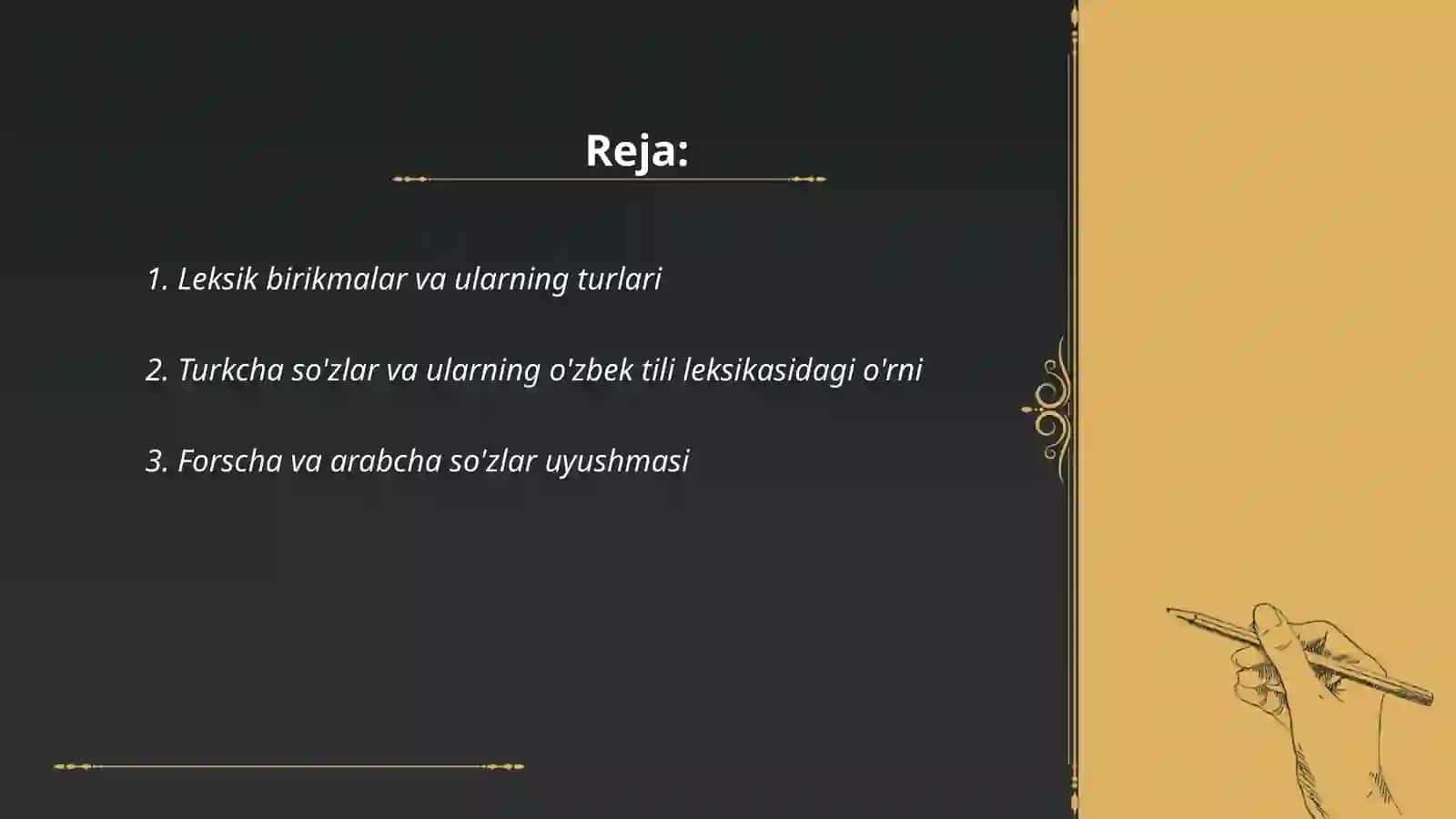 Özbek tili leksikasining boyish manbalari.Sohadagi öz va özlashgan sözlar tasnifi 2