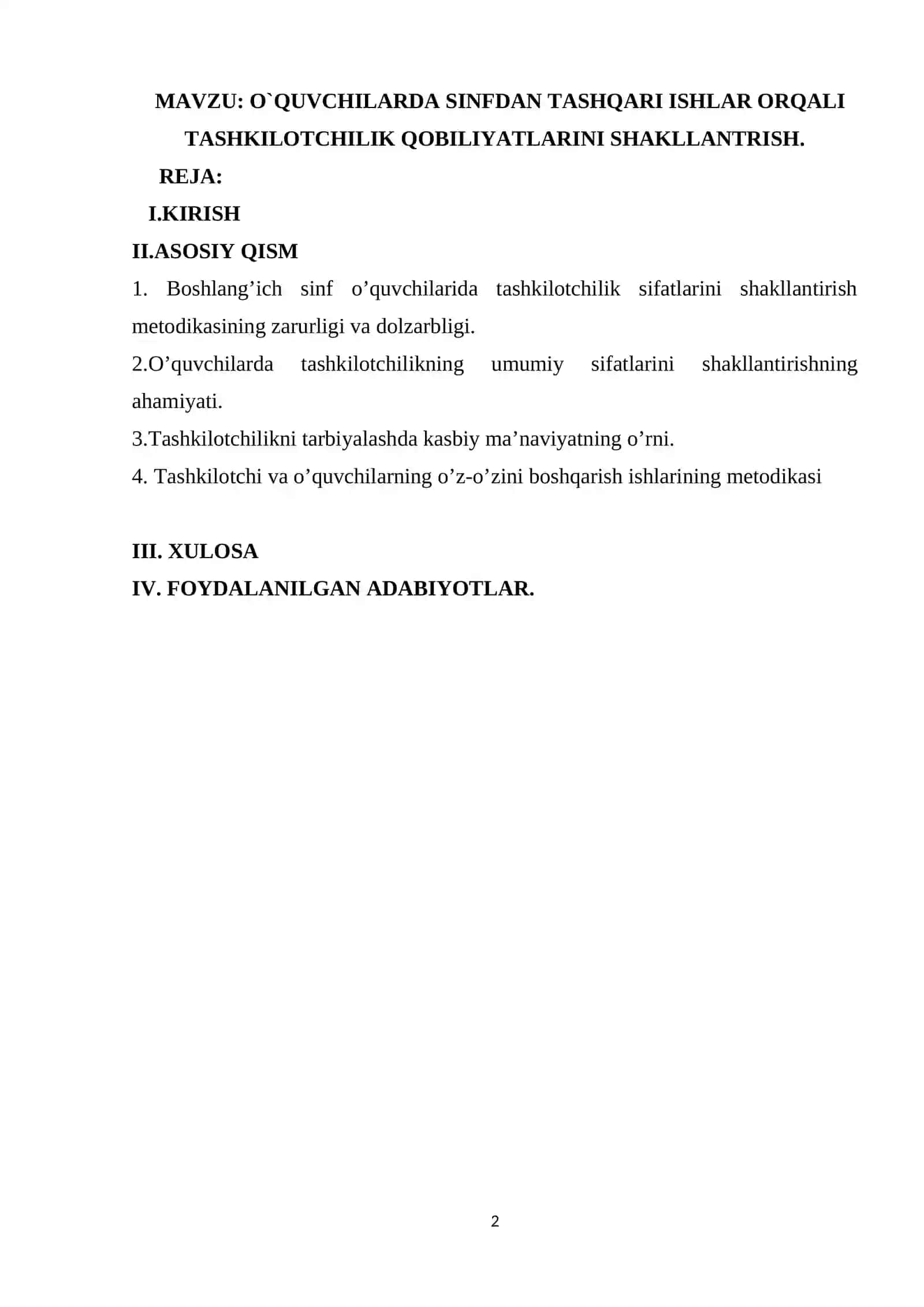 O`QUVCHILARDA SINFDAN TASHQARI ISHLAR ORQALI TASHKILOTCHILIK QOBILIYATLARINI SHAKLLANTRISH 2