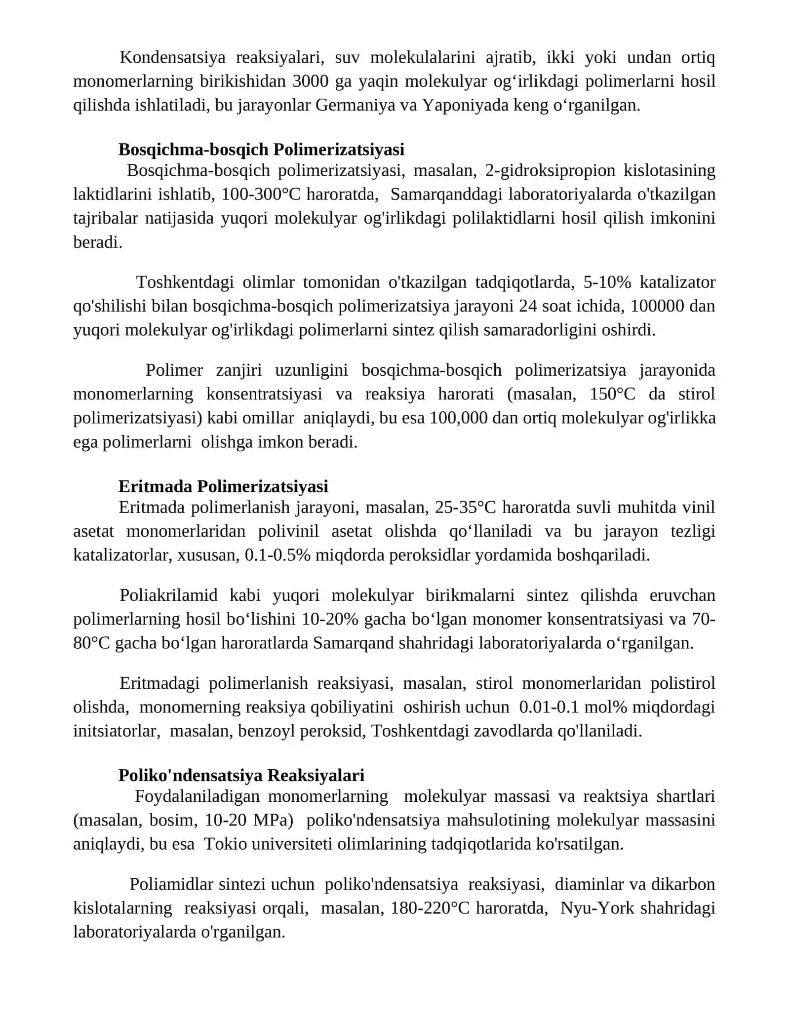Yuqori malehulyar birikmalarning sintez qilish usullari 2