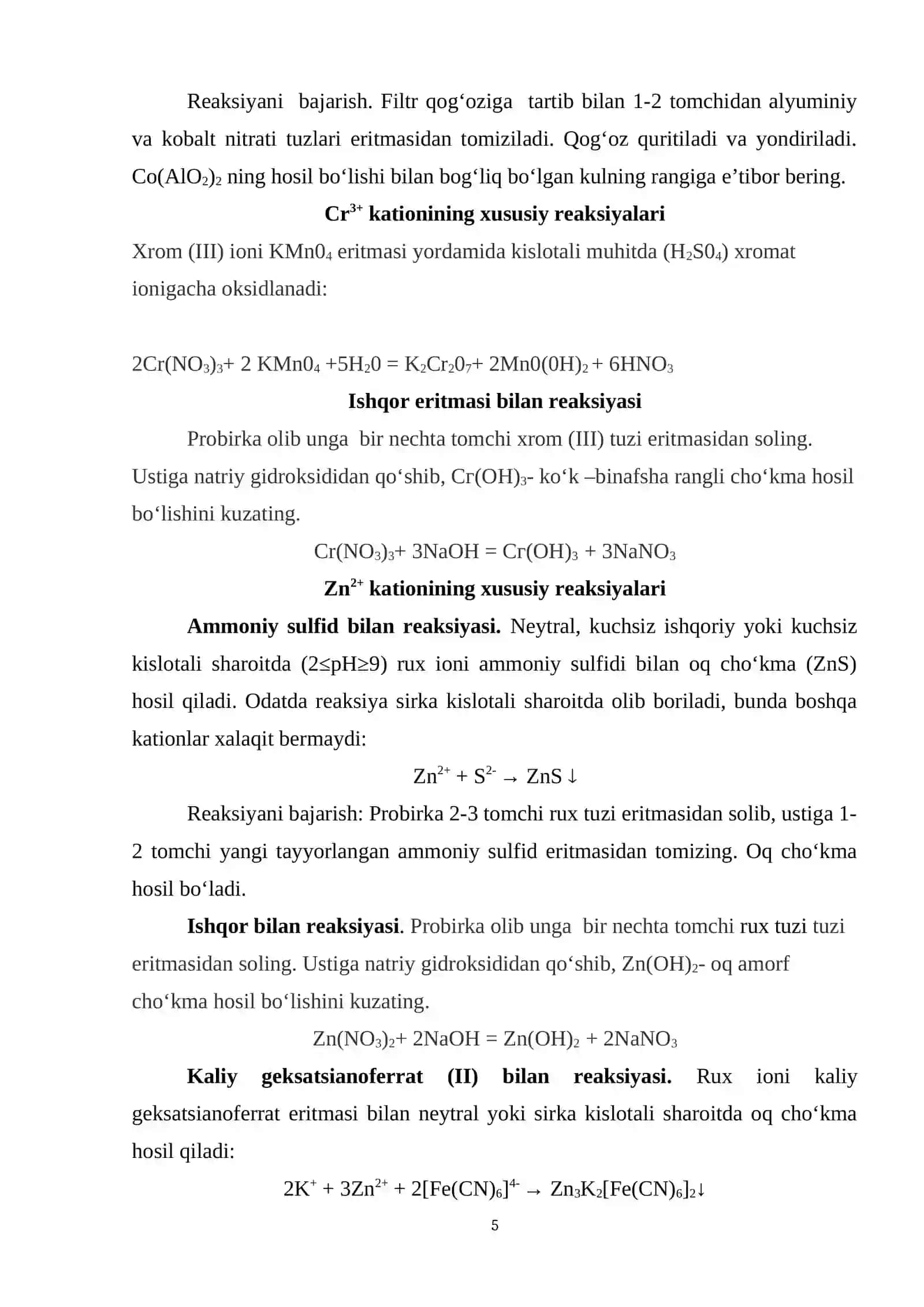 To`rtinchi guruh kationlarining xususiy reaksiyalari 2
