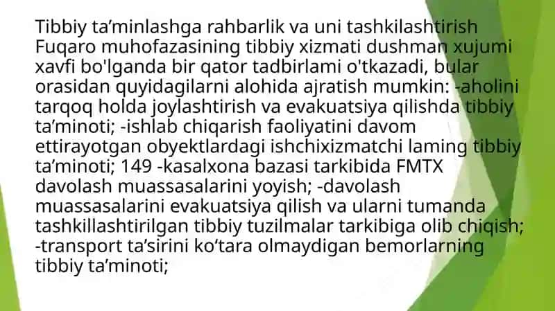 Aholini dushman tajavuzi xavfi paytida va shikastlangan aholini davolash ko’chirish va tibbiy taminlash 2